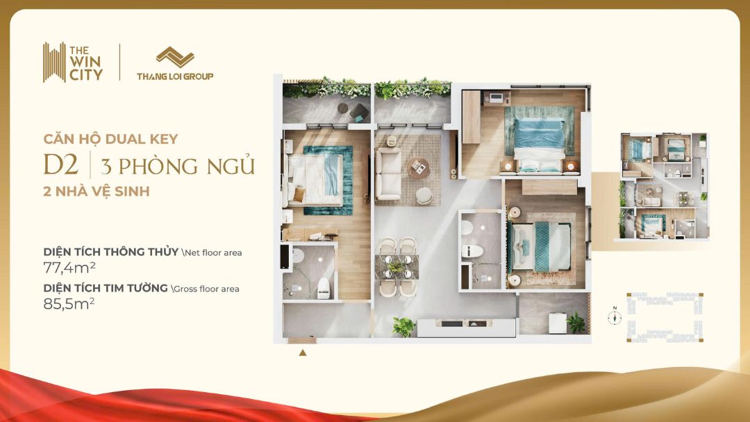 Layout căn hộ Dual Key D2 The Win City 3 phòng ngủ 2 vệ sinh diện tích 85.5m2