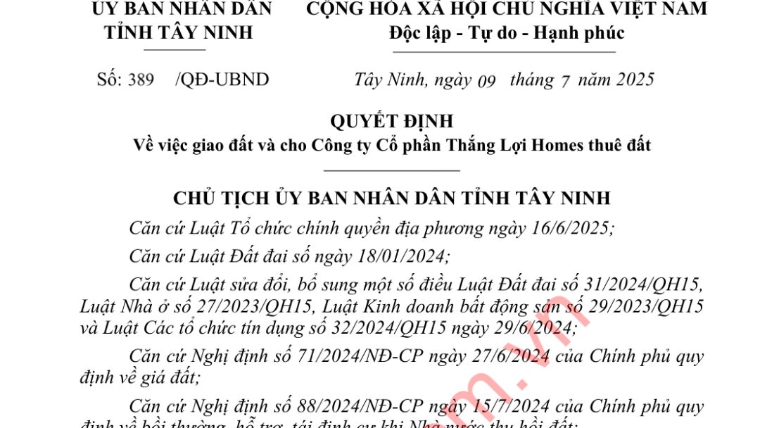 Quyết định giao đất số 389/QĐ-UBND của UBND tỉnh Tây Ninh cho dự án The Win City