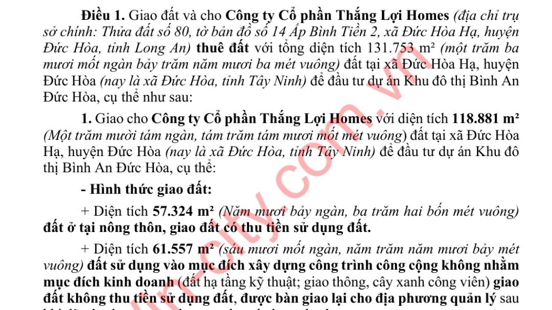 Phân bổ chi tiết diện tích đất được giao và cho thuê của dự án The Win City