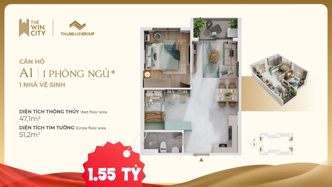 Hình ảnh tổng quan căn hộ 1PN+ The Win City và các mức giá tham khảo