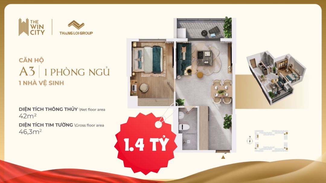Hình ảnh căn hộ 1 phòng ngủ The Win City với giá bán 1.4 tỷ đồng