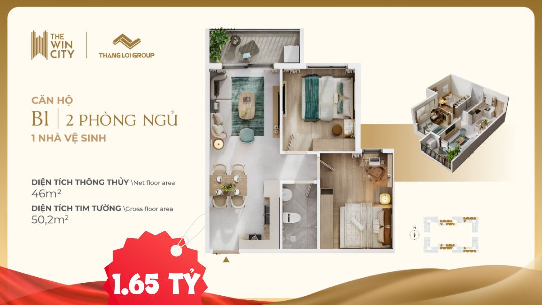 Hình ảnh minh họa giá bán căn hộ 2PN 1WC The Win City