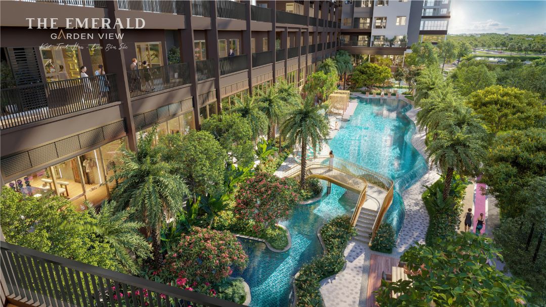 Phối cảnh tổng thể dự án The Emerald Garden View nhìn từ trên cao, nổi bật với kiến trúc xanh và hồ bơi lớn.