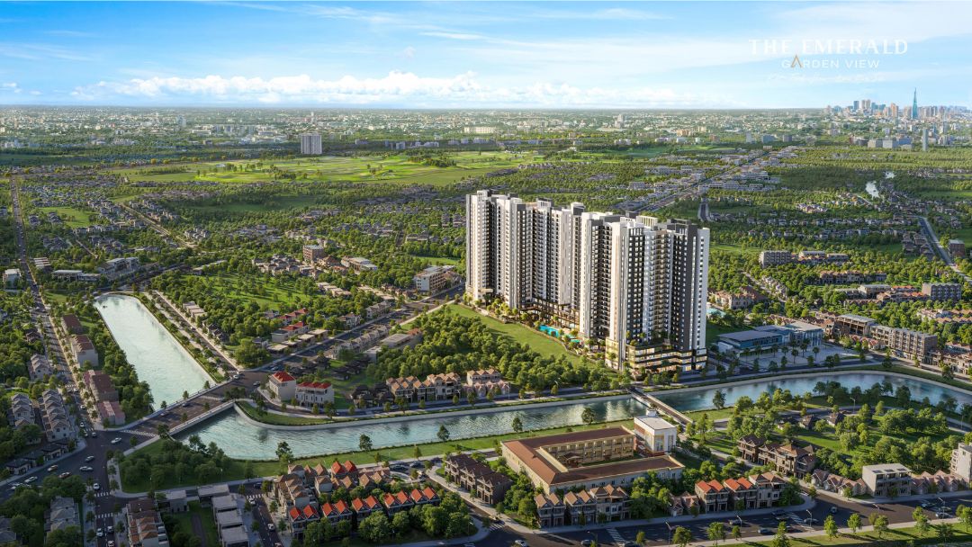 Mô tả tiện ích nội khu The Emerald Garden View với hồ bơi, cây xanh và không gian thư giãn hiện đại.